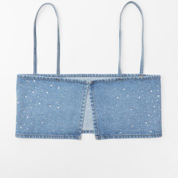 Zara Rhinestone  Jewel Denim Crop Top Blue Blogger Fav Size Small NWT - Picture 7 of 12